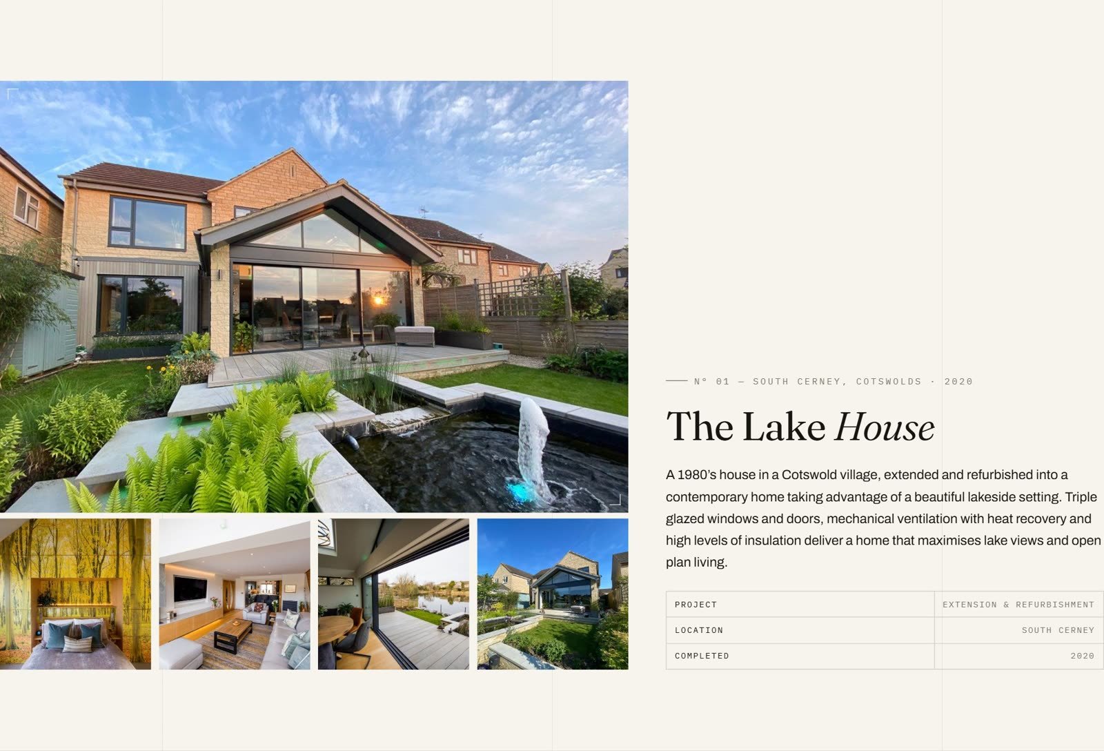 Architect website concept project feature: The Lake House, South Cerney — photo grid beside an editorial write-up and spec table