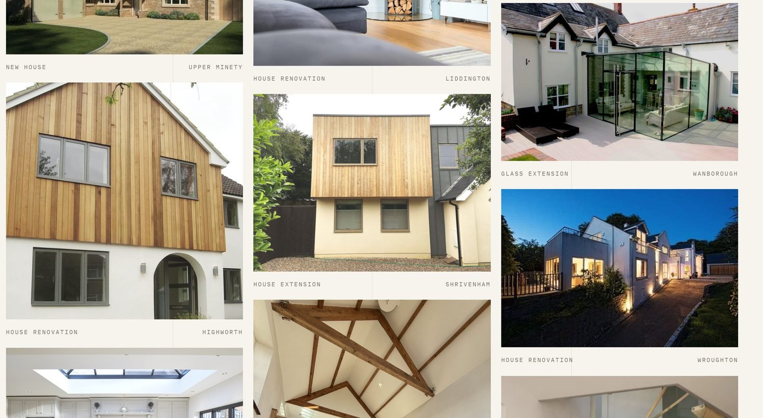 Architect website concept: an editorial grid of building projects, renovations, extensions and a spiral staircase