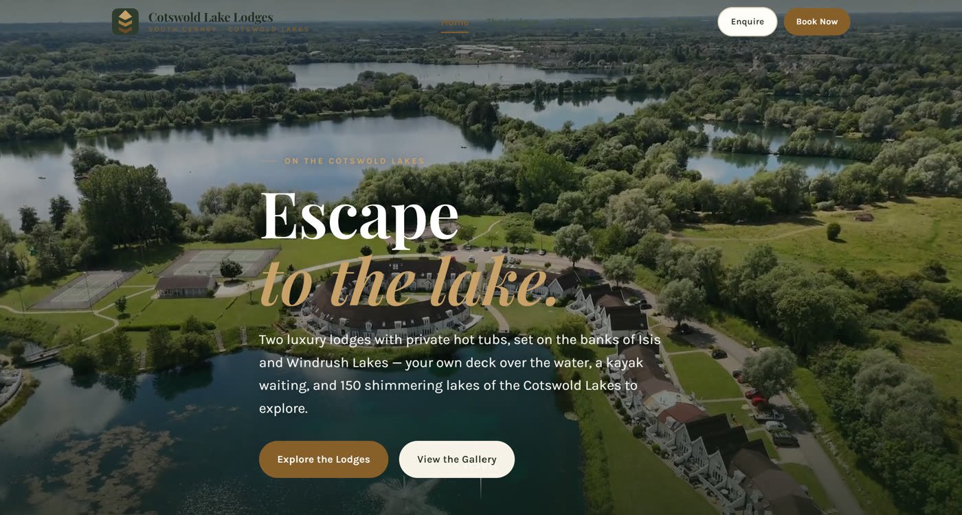 Cotswold Lake Lodges' rebuilt website with drone hero and direct-booking layout