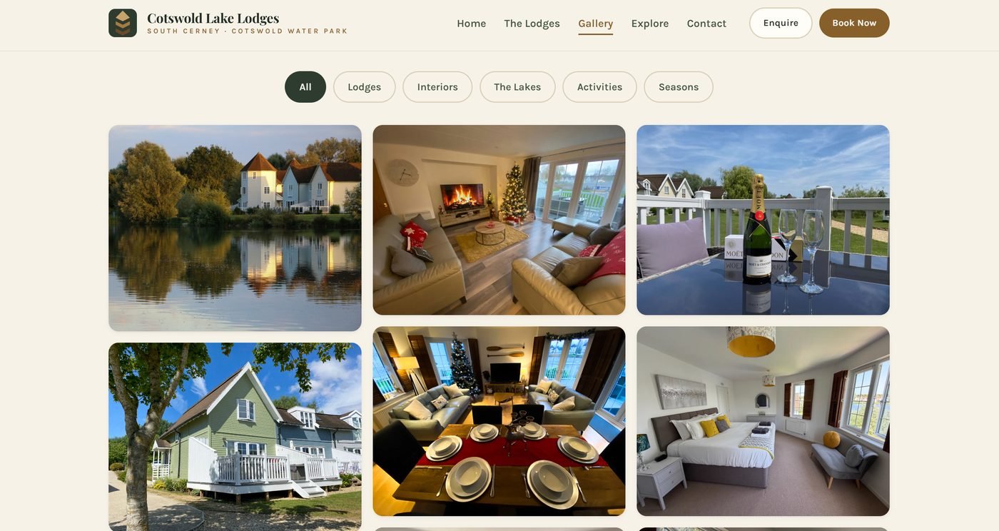 The gallery page with a filterable grid of lodge interior and exterior photos