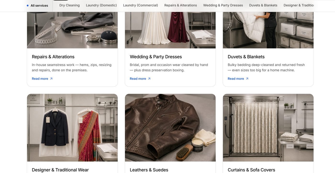 Dry cleaners concept services page: a photographed grid of dry cleaning, alterations and wedding dress services