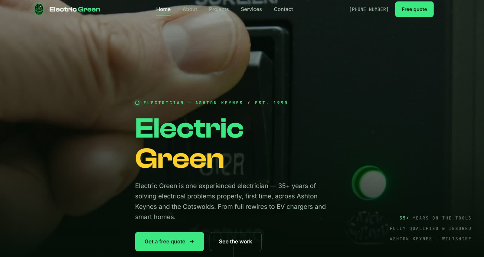 Village electrician website concept homepage: dark hero with neon green and yellow 'Electric Green' headline