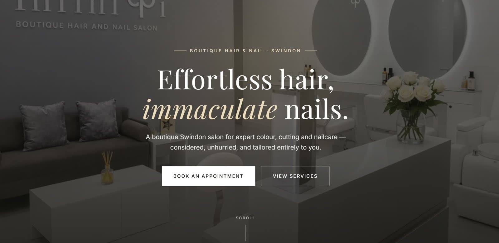 Hair and nail salon website concept homepage: bright boutique hero reading 'Effortless hair, immaculate nails.'