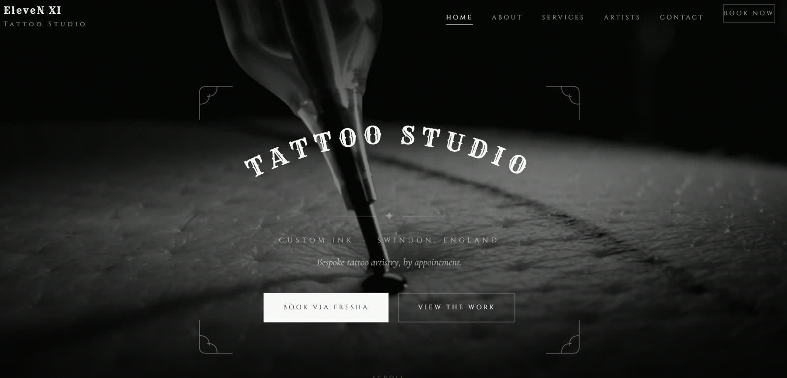 Tattoo studio website concept homepage: black-and-white hero with a close-up tattoo machine and Victorian-style lettering